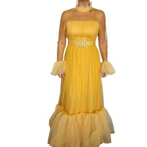 Women's Yellow Tulle Evening Gown with Sheer Sleeves Rhinestone Belt Size M